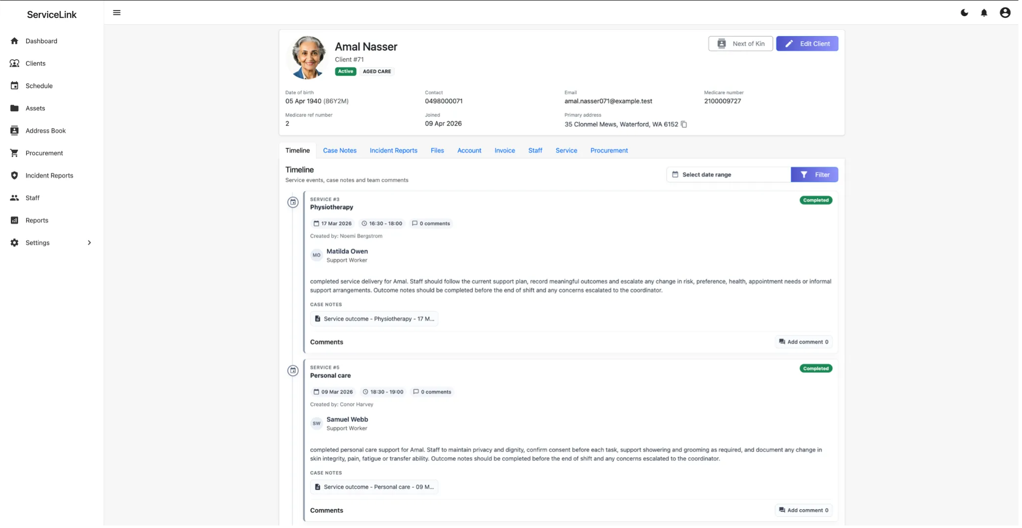 ServiceLink client profile and activity timeline