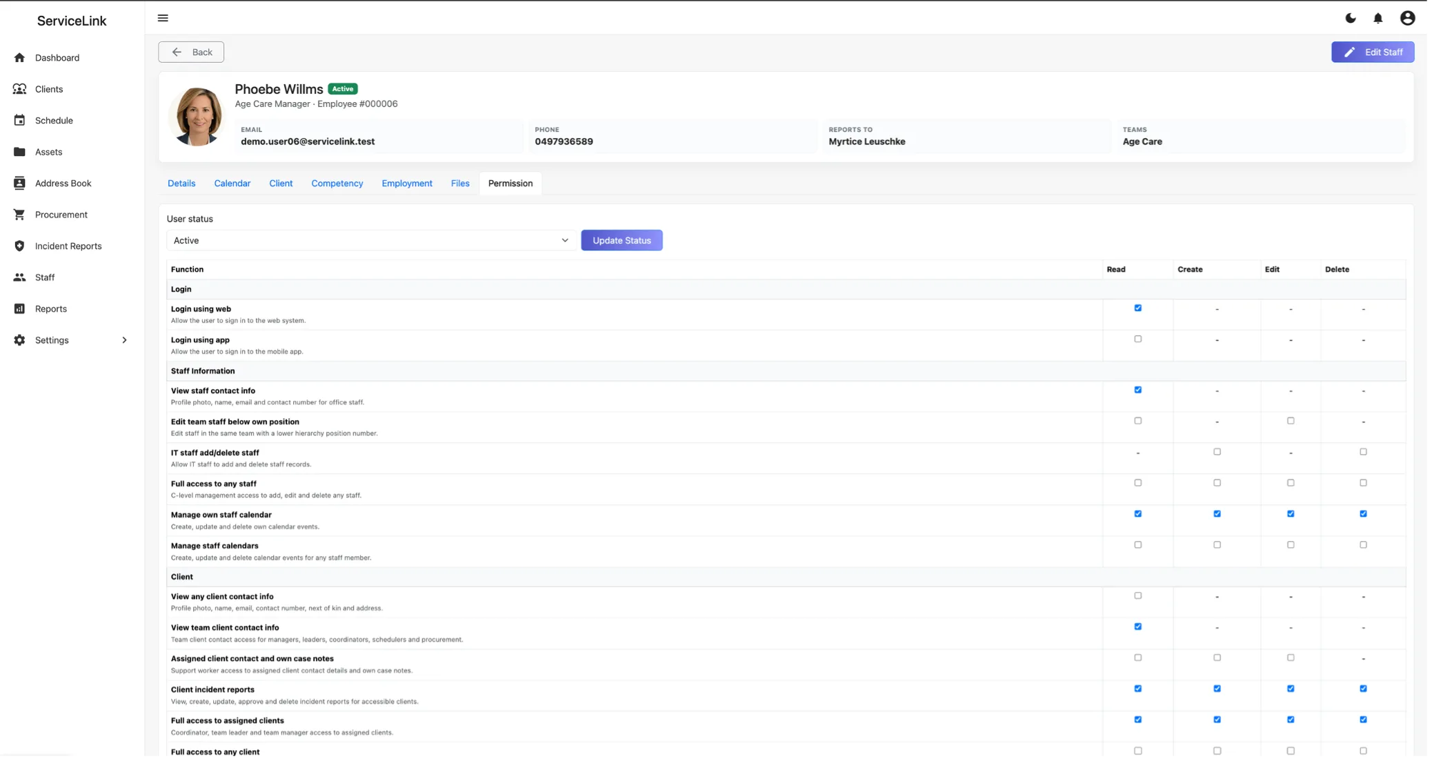 ServiceLink staff profile permission management screen